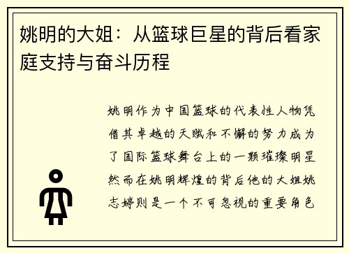姚明的大姐：从篮球巨星的背后看家庭支持与奋斗历程
